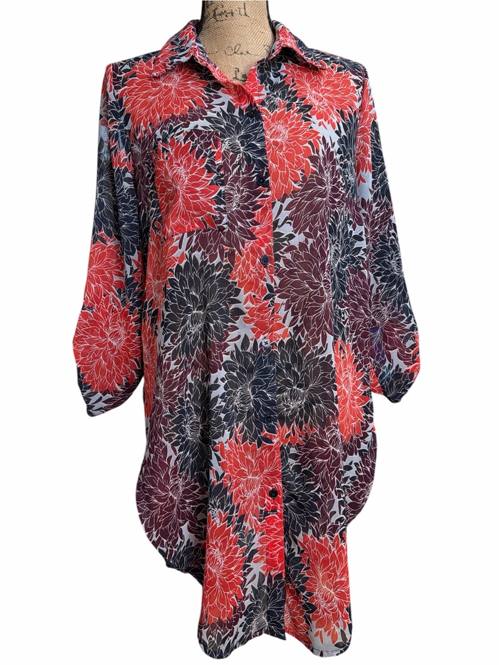 Vincente Red Multi Floral Button-Down Semi Sheer relaxed fit tunic. EC Medium